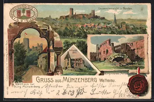 Lithographie Münzenberg, Gesamtansicht, Gasthaus zur Burg Münzenberg