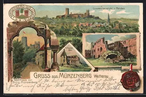 Lithographie Münzenberg, Gesamtansicht, Gasthaus zur Burg Münzenberg