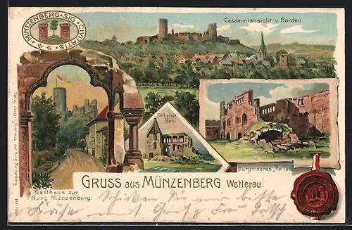 Lithographie Münzenberg, Gesamtansicht, Gasthaus zur Burg Münzenberg