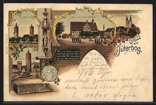 Lithographie Jüterbog, Stadtthürme, Zinnaer Thor, Rathaus mit Kriegerdenkmal, Nicolaikirche