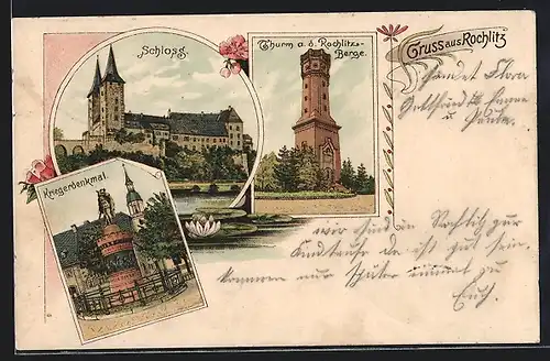 Lithographie Rochlitz, Kriegerdenkmal, Thurm auf dem Rochlitzer Berg, Schloss