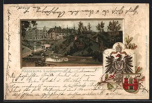 Passepartout-Lithographie Magdeburg, Partie im Louisengarten, Wappen