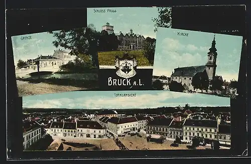 AK Bruck a.L., Schloss Prugg, Kirche & Totalansicht