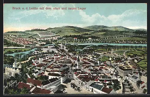 AK Bruck a. d. Leitha, Panorama mit Ort, altem und neuem Lager