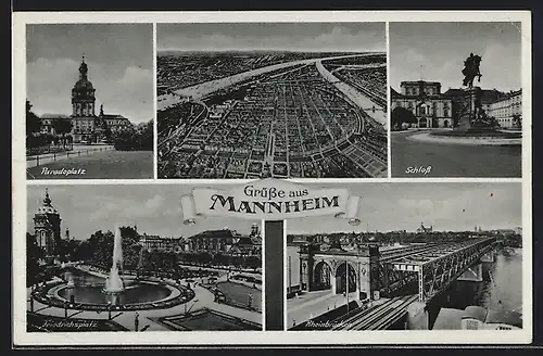 AK Mannheim, Friedrichsplatz, Schloss, Rheinbrücke