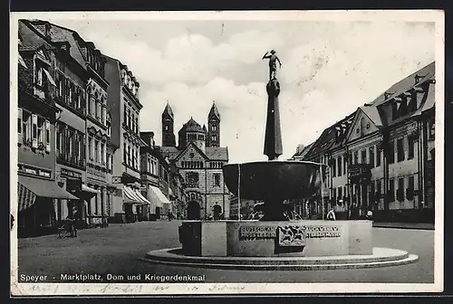 AK Speyer, Marktplatz mit Dom und Kriegerdenkmal, Geschäfte