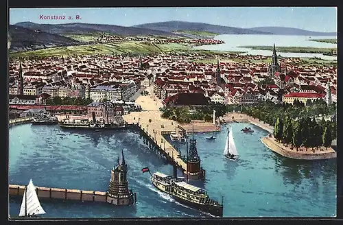 AK Konstanz, Blick auf den Hafen mit Dampfer