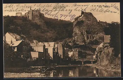 AK Oberstein, Ortsansicht mit Uferpartie an der Nahe