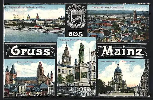 AK Mainz, Rheinansicht mit Stadthalle und Dom, Totalansicht vom Stephansturm, Christuskirche mit Kaiserstrasse