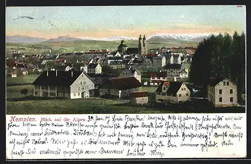 AK Kempten, Blick auf die Alpen mit Kirche