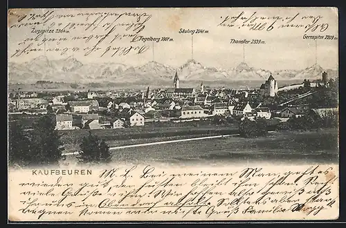 AK Kaufbeuren, Teilansicht mit Tegelberg, Säuling und Zugspitze