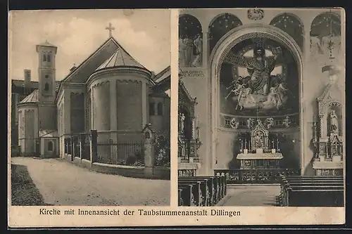 AK Dillingen, Kirche mit Innenansicht der Taubstummenanstalt