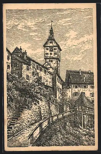 Künstler-AK Schwäbisch Hall, Badtörle mit Josenturm