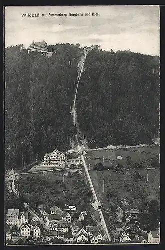AK Wildbad, Teilansicht mit Hotel, Sommerberg und Bergbahn