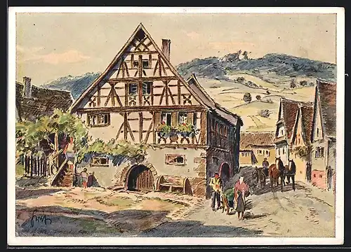 Künstler-AK Schweigen bei Weissenburg, Kutsche im Ort, altes Fachwerkhaus