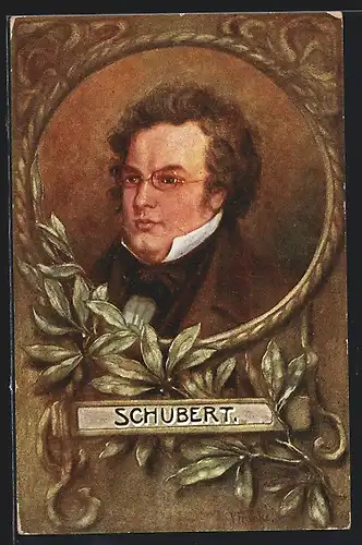 Passepartout-AK Franz Schubert mit Brille mit Blättern am Rahmen