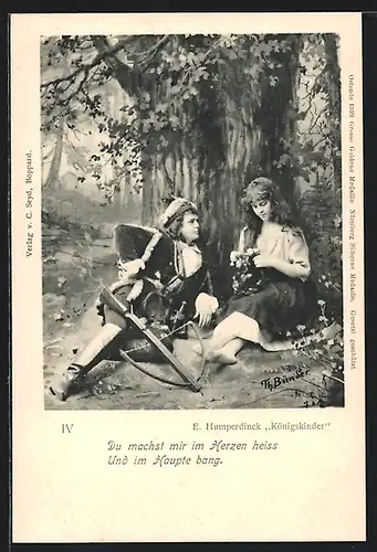 Künstler-AK Komponist Engelbert Humperdinck, Königskinder, Jäger sitzt neben einem Mädchen unter einem Baum