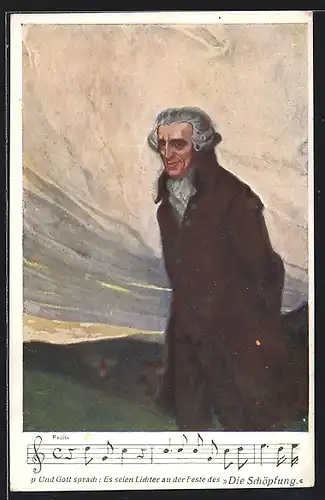 Künstler-AK Komponist Joseph Haydn im Portrait, Die Schöpfung in Text- und Notenzeile