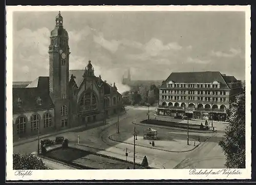 AK Krefeld, Bahnhof mit Vorplatz aus der Vogelschau