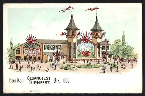 Lithographie Biel, Bern. Kant. Gesangfest Turnfest 1902, Festhalle