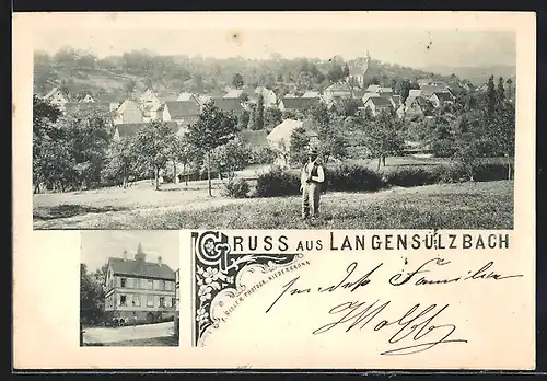 AK Langensulzbach, Ortsansicht mit Bauer auf dem Feld