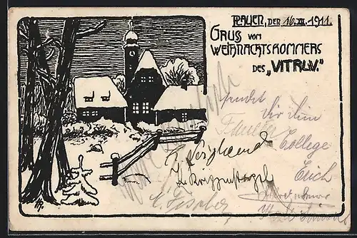 Künstler-AK Plauen, Weihnachtskommers des Vitruv, Dorf im Schnee