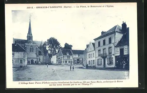 AK Orbais-l`Abbaye, La Place, le monument et l`Eglise