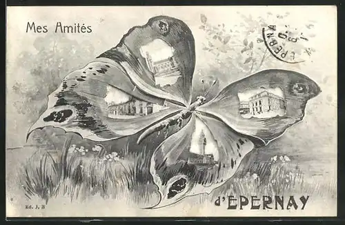 AK Epernay, Mes Amités, Ortsansichten in den Flügeln eines Schmetterlings