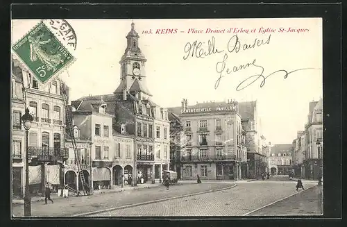 AK Reims, Place Drouet d`Erlon et Église St-Jacques