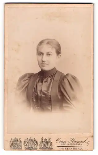 Fotografie Oscar Strensch, Wittenberg, Portrait junge Dame im eleganten Kleid mit Puffärmeln