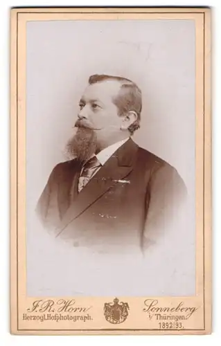 Fotografie J. R. Horn, Sonneberg i / Thüringen, Portrait stattlicher Herr im Anzug mit Krawatte und Zwirbelbart