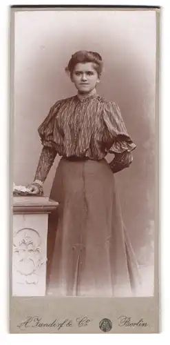 Fotografie A. Jandorf & Co., Berlin, Portrait junge Dame in hübscher Bluse und Rock an Sockel gelehnt