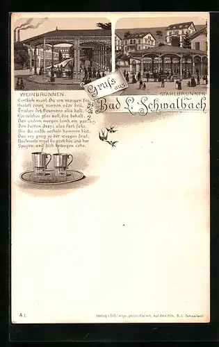 Lithographie Bad Langen-Schwalbach, Weinbrunnen und Stahlbrunnen