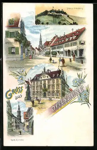 Lithographie Offenburg, Apotheke in der Mittleren Hauptstrasse, Schloss Ortenberg, Kathol. Kirche
