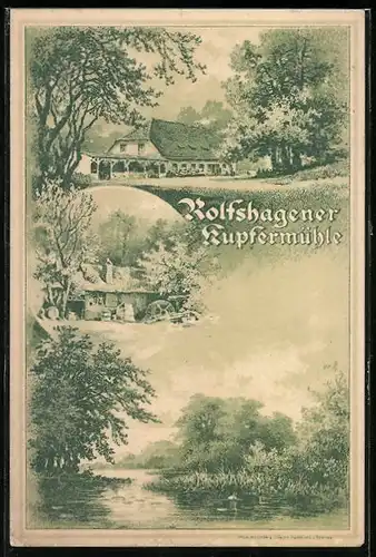 Lithographie Tremsbüttel, Gasthaus Rolfshagener Kupfermühle, Flusspartie