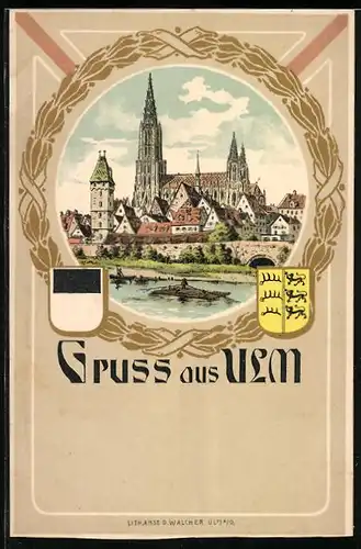 Lithographie Ulm, Münster mit Wappen