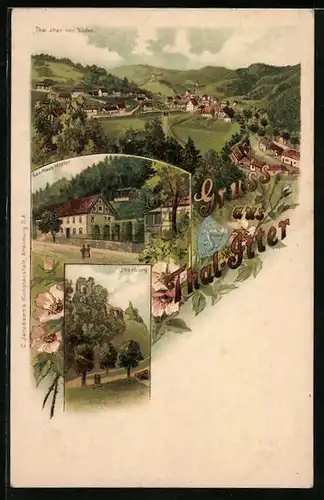 Lithographie Thal-Itter, Gasthaus Mittler, Itterburg, Ortsansicht von Süden