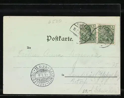 Lithographie Bingen a. Rh., Technikum, Ortsansicht aus der Vogelschau, Wappen