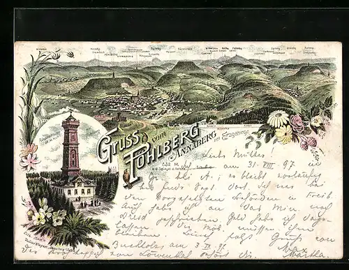 Lithographie Annaberg i. Erzgebirge, Pöhlberg mit Aussichtsturm, Ortsansicht aus der Vogelschau