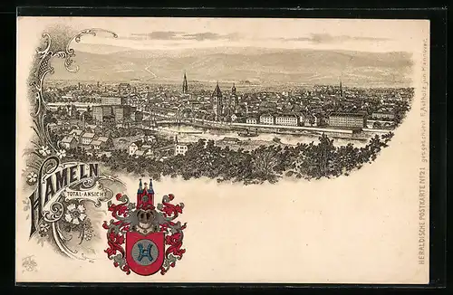 Passepartout-Lithographie Hameln, Panoramaansicht mit Wappen