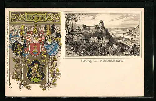 Passepartout-Lithographie Heidelberg, Schloss und Blick auf den Neckar
