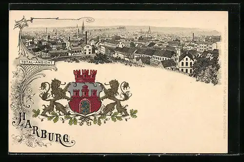 Passepartout-Lithographie Hamburg-Harburg, Gesamtansicht mit Wappen