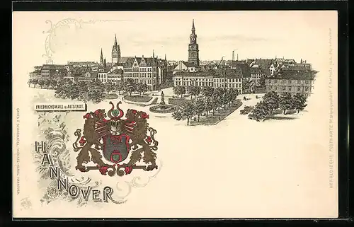 Lithographie Hannover, Friedrichswall und Altstadt mit Wappen