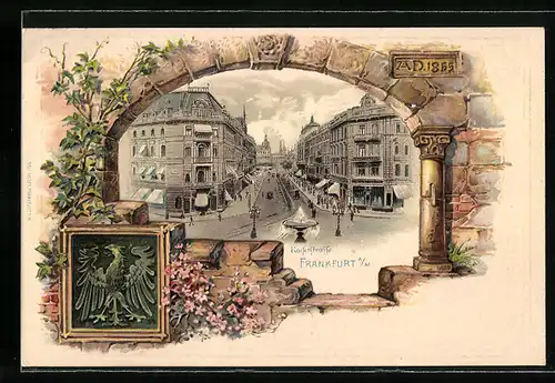 Passepartout-Lithographie Frankfurt, Kaiserstrasse mit Brunnen, Geschäften, Mauerpasspartout mit Rundbogen, Wappen