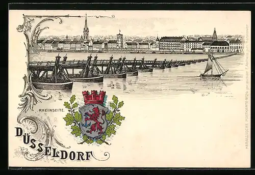 Passepartout-Lithographie Düsseldorf, Rheinseite und Wappen