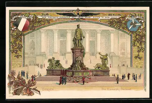 Passepartout-Lithographie Berlin-Tiergarten, Bismarck-Denkmal und Wappen