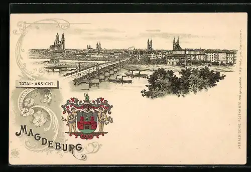 Lithographie Magdeburg, Totalansicht und Wappen