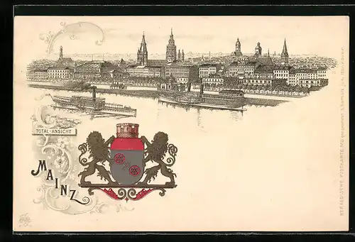 Lithographie Mainz, Totalansicht, Stadtwappen