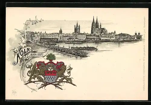 Lithographie Köln, Blick von Deutz, Stadtwappen