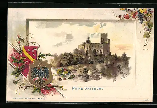 Passepartout-Lithographie Andlau, Ansicht der Ruine Speseburg, Wappen